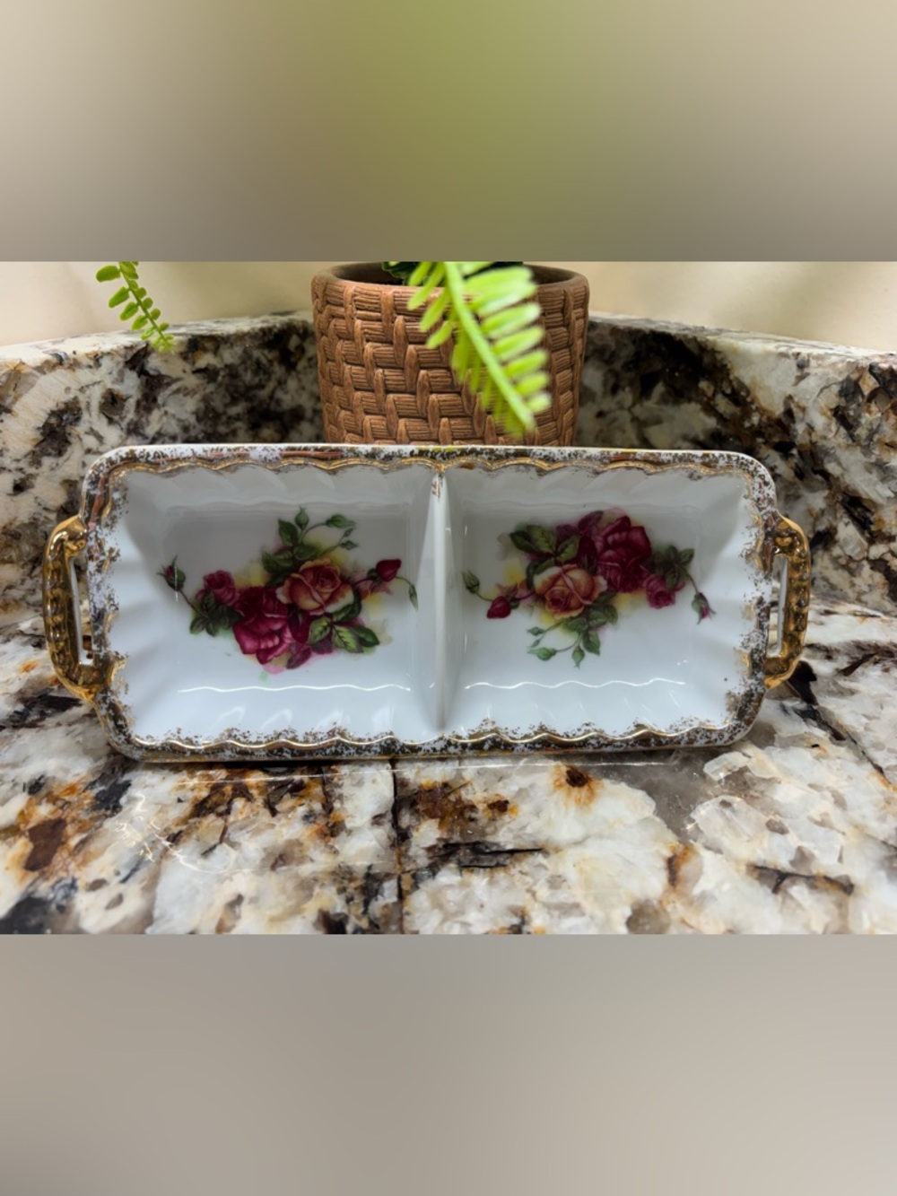 Vintage Royal Sealy Floral Porcelain Divided Tray with Pink/gold Rose Motif